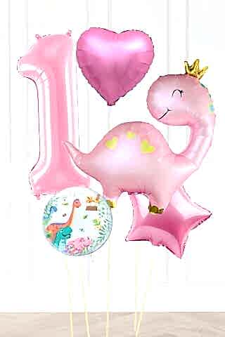 Pembe Dinazor Balonlu Kız Doğum Günü Balon Süsleme Seti Bannerlı Büyük Pembe Yaş Balonlu Dinozor Balon Paketi