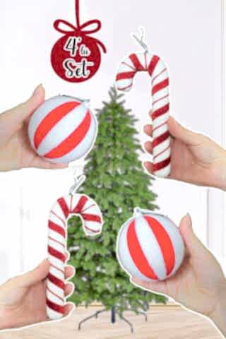 Kırmızı Beyaz Baston Şeker ve Top Yılbaşı Ağaç Süsleri Seti 4lü Paket