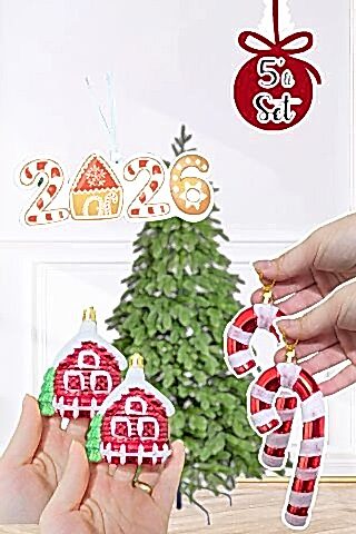 Yılbaşı Ağaç Süsleme Seti Karlı Ev, Baston Şeker ve 2025 Yılbaşı Süs Ağaç Süsleme Seti Lüks 5li Paket