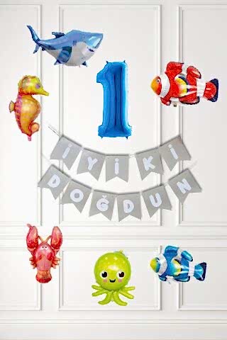 Su Altı Canlıları Doğum Günü Balon Süsleme Seti Bannerlı Yaş Balonlu Deniz Canlıları Balon Paketi