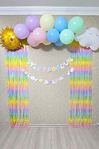 Gökkuşağı Konsept Bannerlı Bulut Güneş Balonlu Makaron Fon Perdeli Balon Zinciri Seti