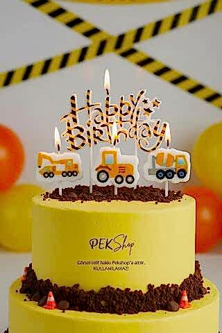 İnşaat Tema Happy Birthday Mum Seti 4lü İnşaat Tema Doğum Günü Pasta Mum Seti