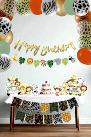 Safari Doğum Günü Lüks Parti Seti Balon Zinciri Flama Masa Üstü Ayaklı Panolar Seti Maxi 84 Parça