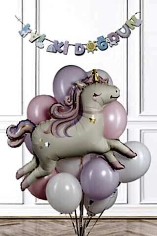 Unicorn Tema Doğum Günü Balon Seti Retro Unicorn Balon ve Bannerlı Set