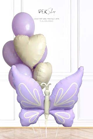 Retro Lila Kelebekli Kalp Balonlu Balon Seti