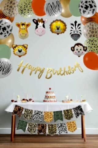 Safari Doğum Günü Parti Seti Balon Zinciri Flama Seti Hayvan Kafa Balonlar