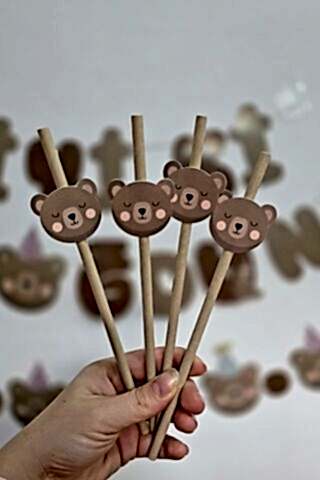 Ayıcık Tema Pipet Süsleri 10lu Retro Ayı Konsept Lüks Pipet Paketi