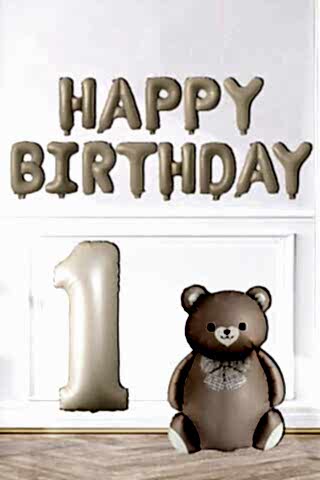 Retro Ayı Happy Birthday ve Krem Yaş Balonlu Retro Doğum Günü Balon Süsleme Seti