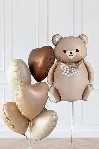 Retro Ayı ve 5 Retro Krem Karamel Çikolata Kahve Kalp Folyo Balon Seti