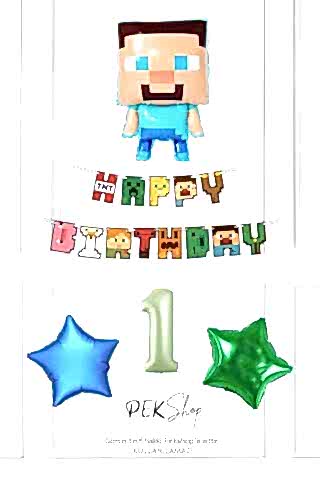 Minecraft Tema Doğum Günü Steve Balonlu Yıldızlı Doğum Günü Balon Seti