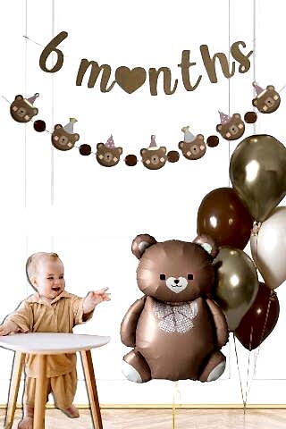 Retro Ayı 6 Aylık , Yarım Yaş Partisi Süsleme Seti Retro Ayı Balon 6 Months Bannerlı Balon Seti