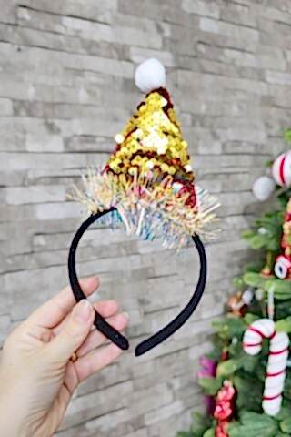 Yılbaşı Tacı Parlak Kukuleta Şapka Gold Kırmızı Pullu