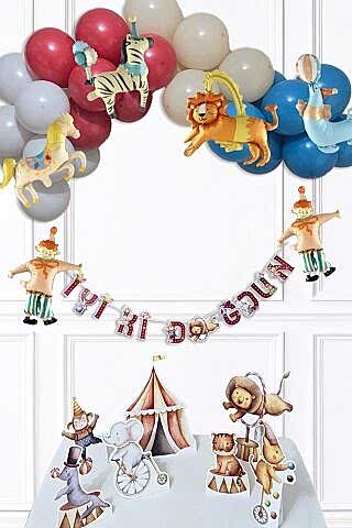 Sirk Tema Doğum Günü Lüks Balon Zinciri Seti Bannerlı Masa Üstü Panolu Süsleme Seti