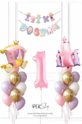 Prenses Konsept Doğum Günü Bannerlı Folyo Balonlu Balon Zinciri Seti