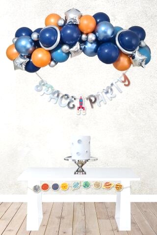 Uzay Tema Doğum Günü Bannerlı Balon Zinciri Seti Uzay Gezegen Balon Zinciri