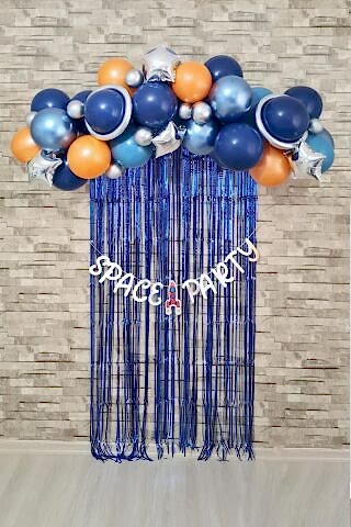 Uzay Tema Doğum Günü Bannerlı Fon Perdeli Balon Zinciri Seti Uzay Gezegen Balon Zinciri