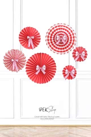 Fiyonk Süslemeli Kırmızı Beyaz Yelpaze Süs Seti 6lı Fan Duvar Süsü