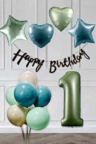 Retro Mavi Yeşil Renkler Doğum Günü Parti Seti Retro Yeşil Yaş Balonlu Kraft Banner Balon Zinciri Seti