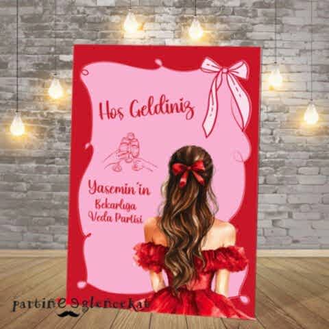Kırmızı Pembe Fiyonklar Elbiseli Kız Konsept Bekarlığa Veda Panosu