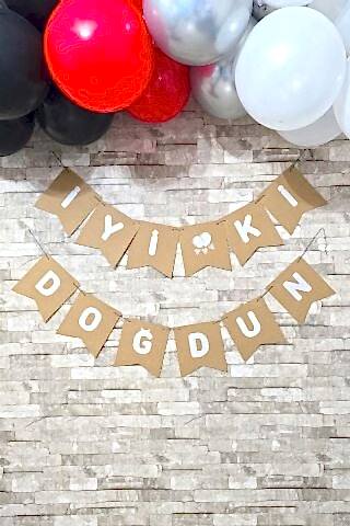 İyi Ki Doğdun Banner Kraft Üzeri Beyaz Yazı Retro Doğum Günü Süsleri