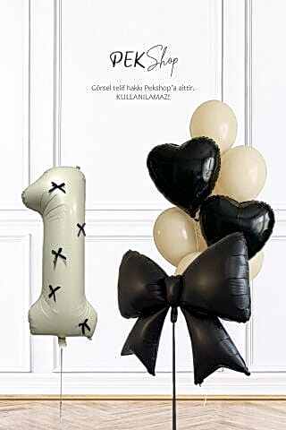 Doğum Günü Siyah Fiyonk ve Kalpler Retro Krem Balonlu Balon Seti Set231