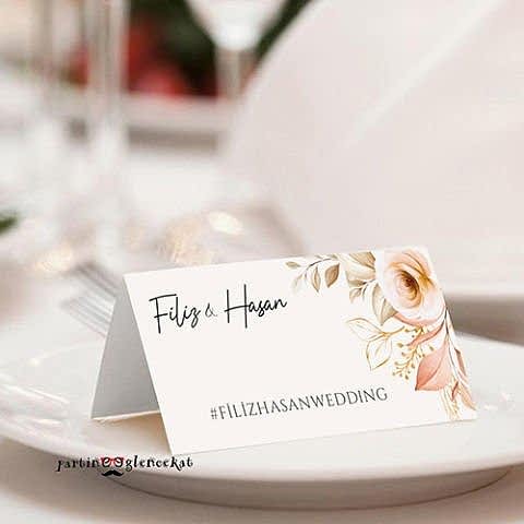 Rose Gold Yapraklı Konsept Hashtag / Masa Üstü İsim Kartları