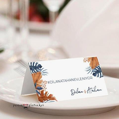 Lacivert Kahve Yapraklar Konsept Hashtag / Masa Üstü İsim Kartları