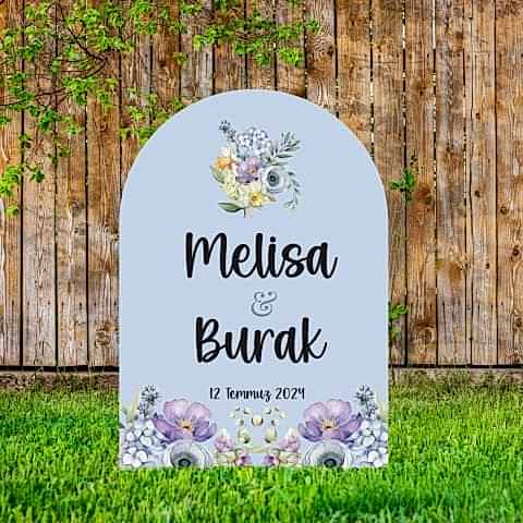 Özel Kesim Mavi Lila Çiçekler Konsept Karşılama Panosu