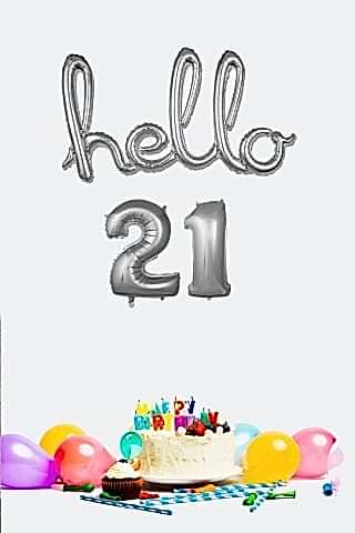 21 Yaş Doğum Günü Balonları - Hello 21 El Yazısı Gümüş Renk Folyo Balon