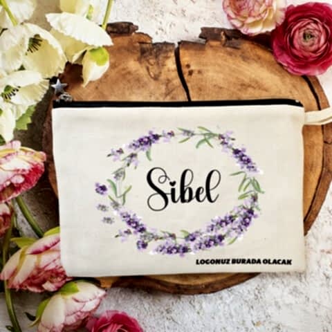Tek Tek İsimli Astarlı Lüx Clutch Çanta 8 Mart Kadınlar Günü Logo Baskılı Lavanta Çiçekleri