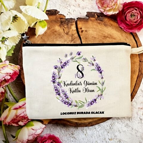 Astarlı Lüx Clutch Çanta 8 Mart Kadınlar Günü Logo Baskılı Lavanta Çiçekleri