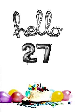 27 Yaş Doğum Günü Balonları - Hello 27 El Yazısı Gümüş Renk Folyo Balon