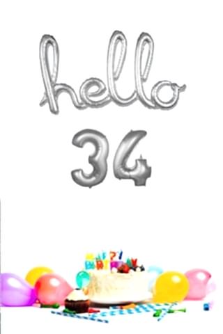 34 Yaş Doğum Günü Balonları - Hello 34 El Yazısı Gümüş Renk Folyo Balon