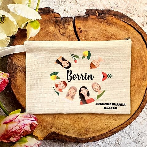 Tek Tek İsimli Makyaj Çantası 8 Mart Kadınlar Günü Logo Baskılı Kadınlar Figürlü
