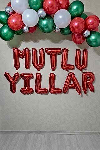 Kırmızı Mutlu Yıllar Yazılı Balon Seti 16inç 40cm Yılbaşı Balon Seti