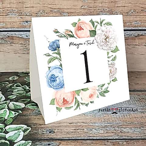 Soft Mavi Somon Çiçekler Konsept Masa Numara Kartı