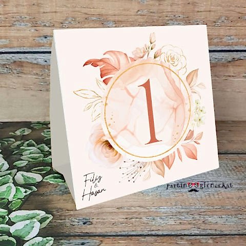 Rose Gold Yapraklı Konsept Masa Numara Kartı