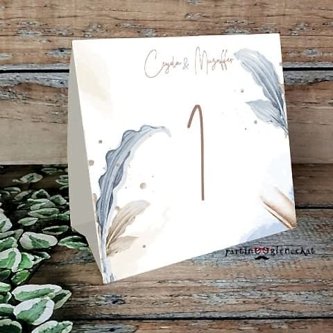 Gold Blue Yapraklı Konsept Masa Numara Kartı