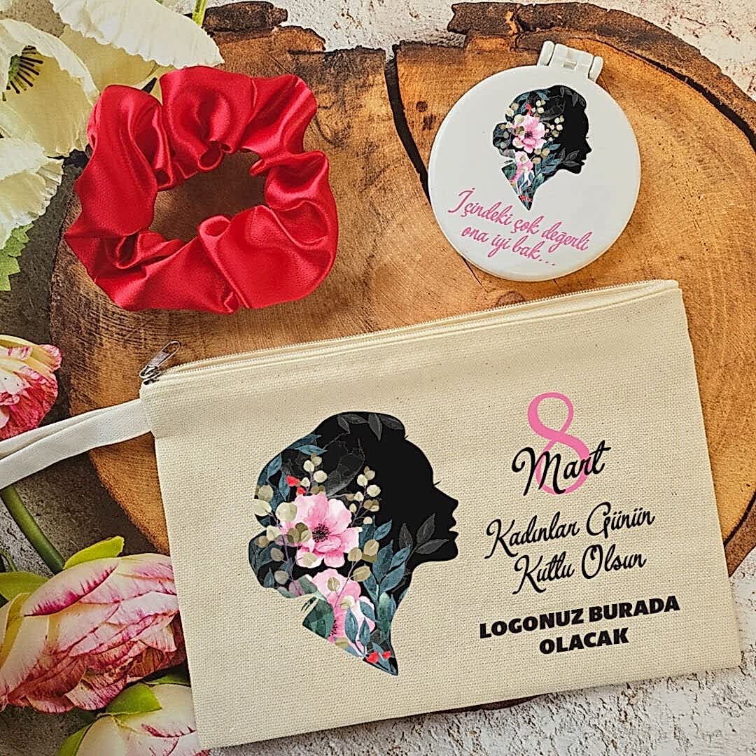 Plastik Aynalı Kadınlar Günü Hediye Seti Kadın Silüeti 8 Mart Hediyelik Ayna Toka Çanta