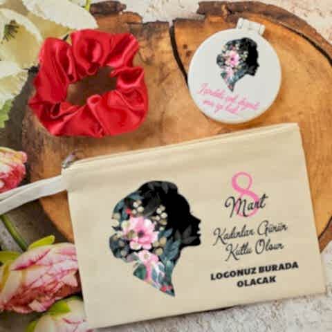 Plastik Aynalı Kadınlar Günü Hediye Seti Kadın Silüeti 8 Mart Hediyelik Ayna Toka Çanta