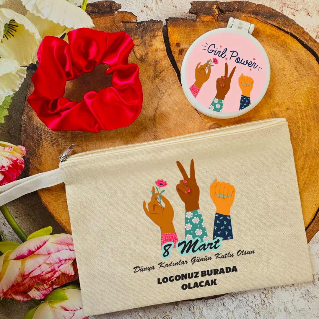 Plastik Aynalı Kadınlar Günü Hediye Seti Girl Power 8 Mart Hediyelik Ayna Toka Çanta