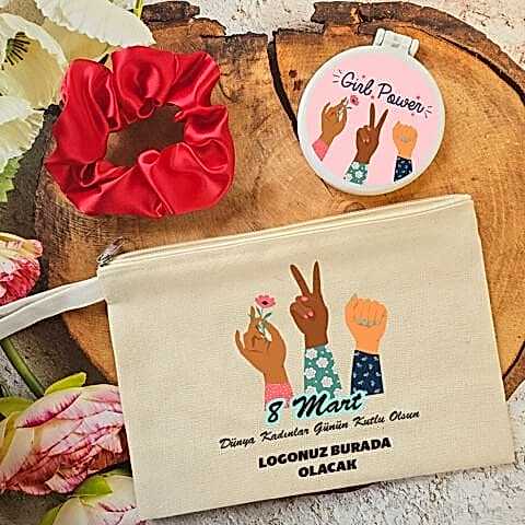 Plastik Aynalı Kadınlar Günü Hediye Seti Girl Power 8 Mart Hediyelik Ayna Toka Çanta
