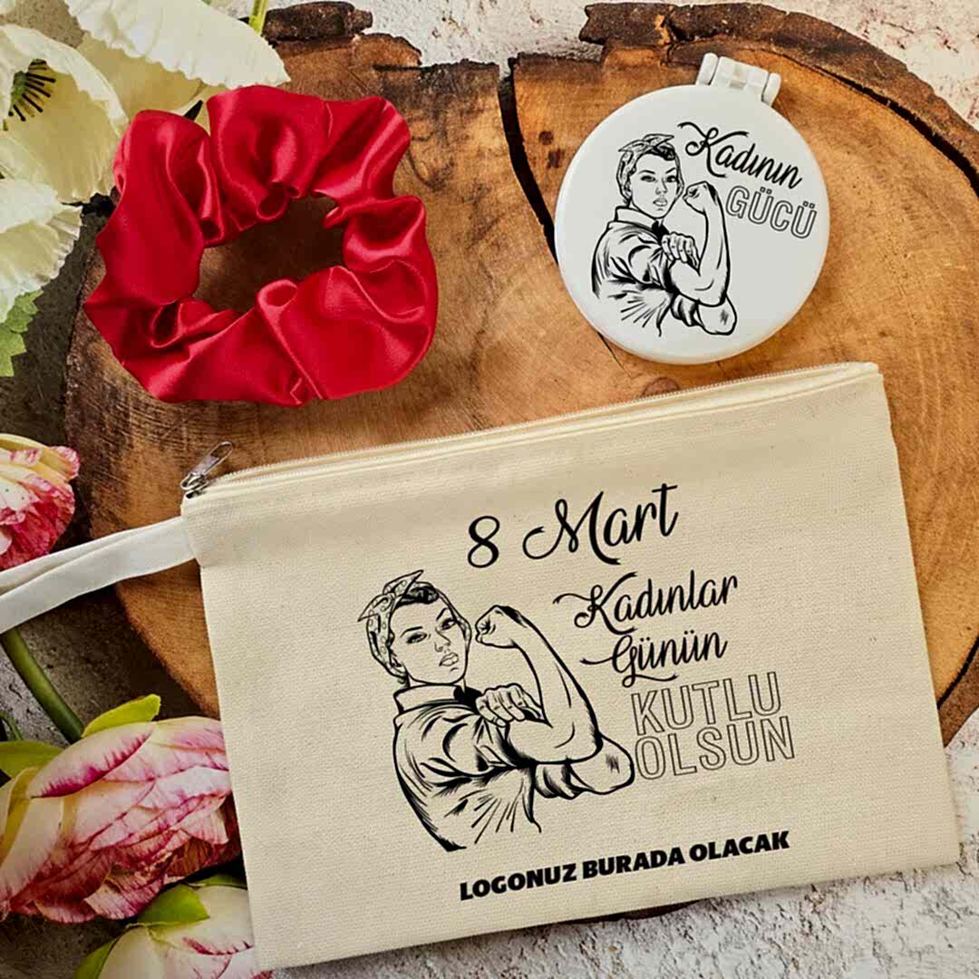 Plastik Aynalı Kadınlar Günü Hediye Seti Kadının Gücü 8 Mart Hediyelik Ayna Toka Çanta