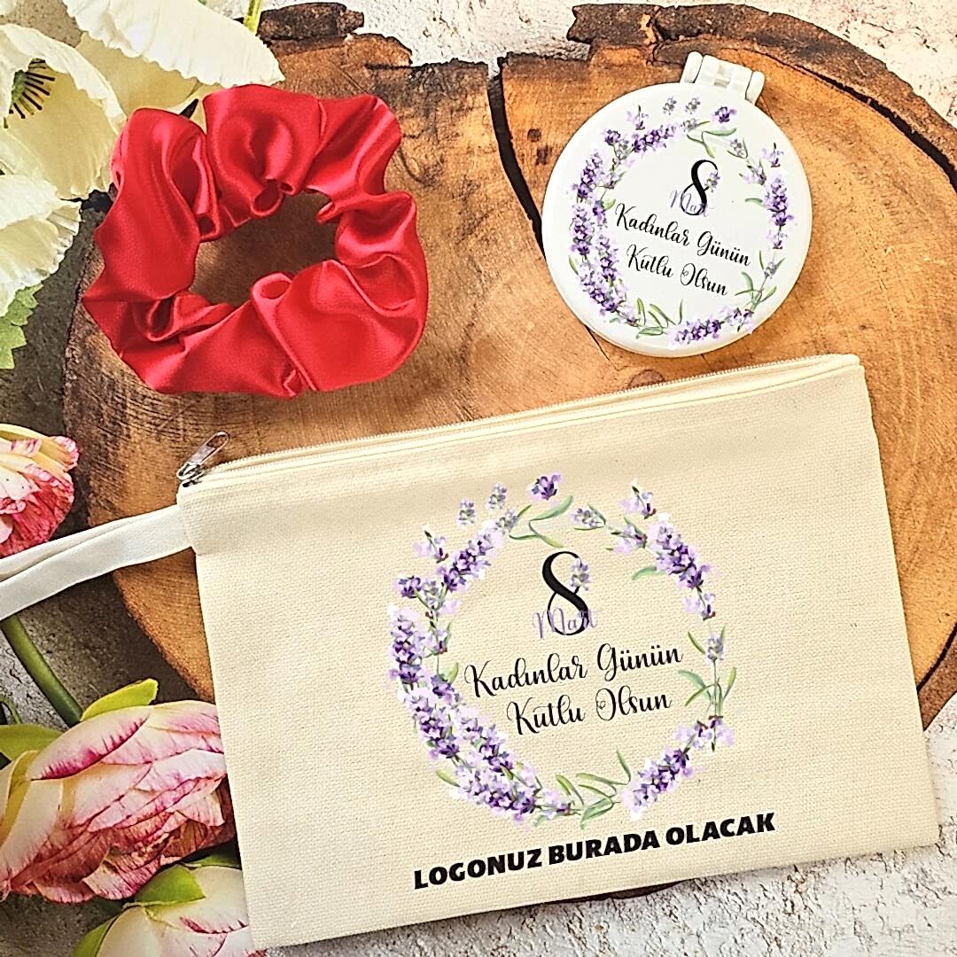 Plastik Aynalı Kadınlar Günü Hediye Seti Lavanta Çiçekleri 8 Mart Hediyelik Ayna Toka Çanta