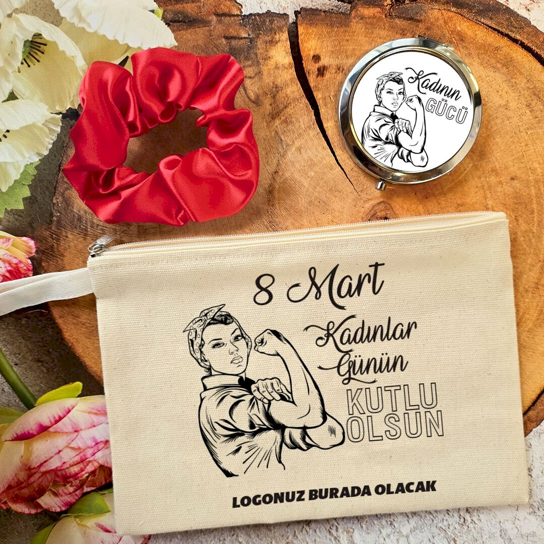 Metal Aynalı Kadınlar Günü Hediye Seti Kadının Gücü 8 Mart Hediyelik Ayna Toka Çanta
