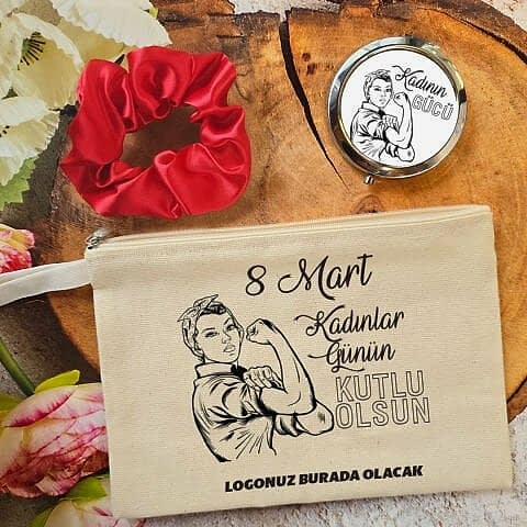 Metal Aynalı Kadınlar Günü Hediye Seti Kadının Gücü 8 Mart Hediyelik Ayna Toka Çanta
