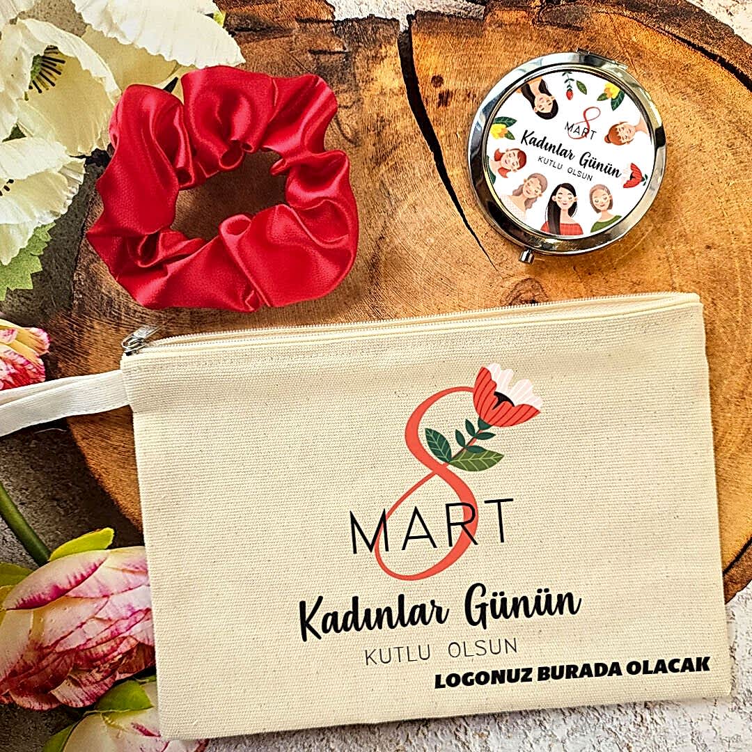 Metal Aynalı Kadınlar Günü Hediye Seti Kadın Figürleri 8 Mart Hediyelik Ayna Toka Çanta