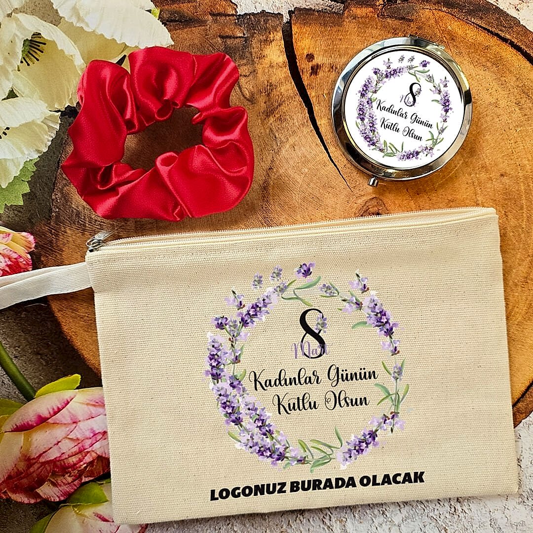 Metal Aynalı Kadınlar Günü Hediye Seti Lavanta Çiçekleri 8 Mart Hediyelik Ayna Toka Çanta
