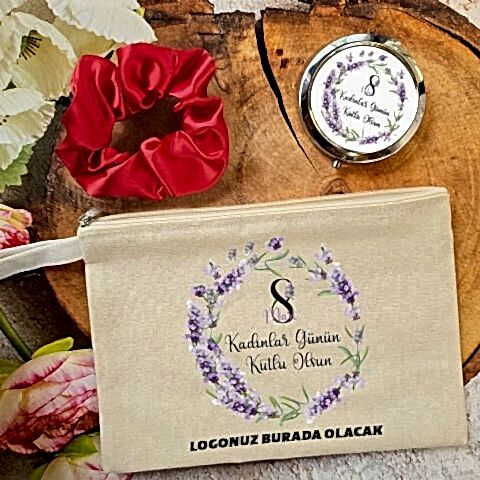 Metal Aynalı Kadınlar Günü Hediye Seti Lavanta Çiçekleri 8 Mart Hediyelik Ayna Toka Çanta