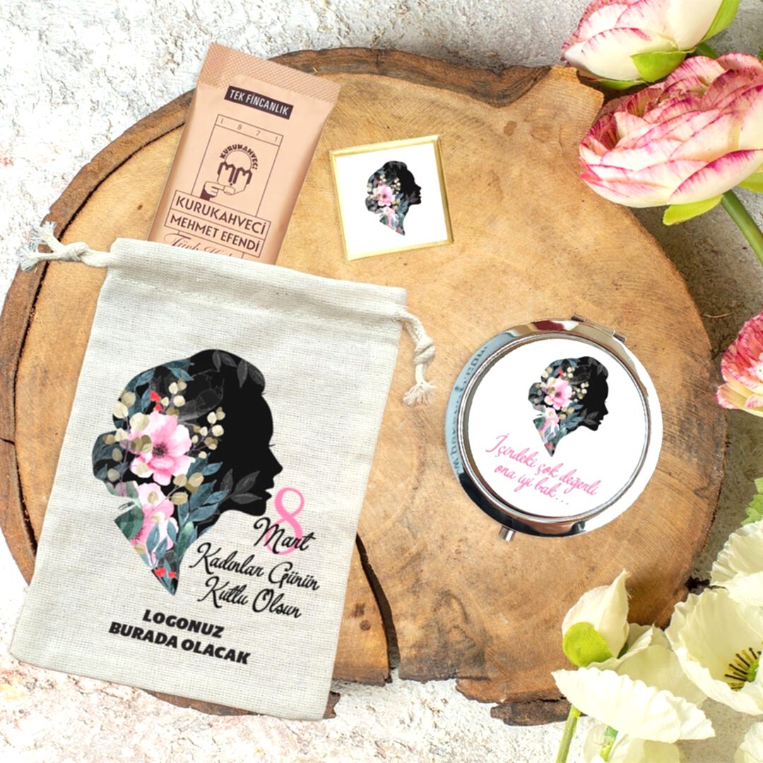 Metal Aynalı Kahveli Kadınlar Günü Hediye Seti Kadın Silüeti 8 Mart Hediyelik Ayna Toka Çanta